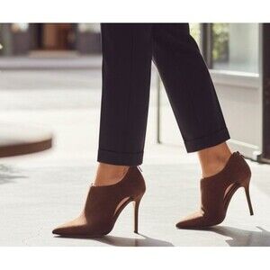 DESIGNER LAURE'N MILANO BROWN SUEDE OPEN SIDE DETAIL POINTED TOE HIGH HEEL BOOTS
